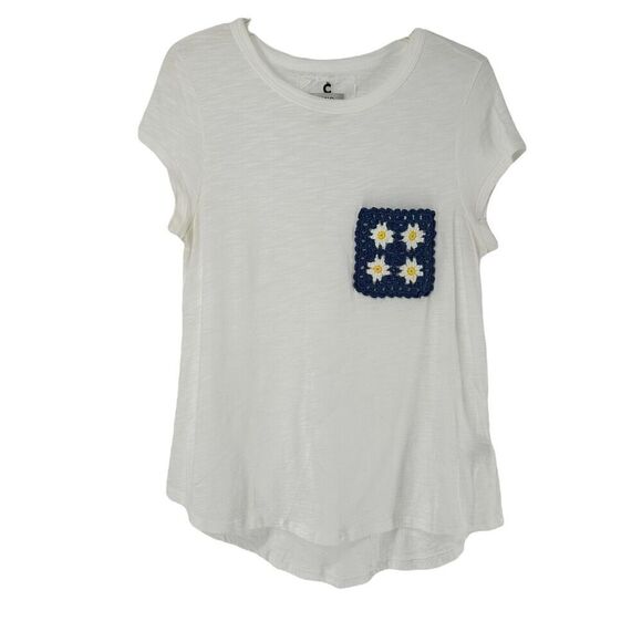 Crochet Pocket Tee White Size L Cupio Round Neck Short Sleeve Preppy Bohemian - Picture 1 of 7